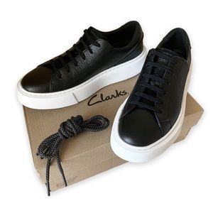 Clarks Hero Lite Lace Up Black Leather Platform Sneakers and Shoelaces NEW